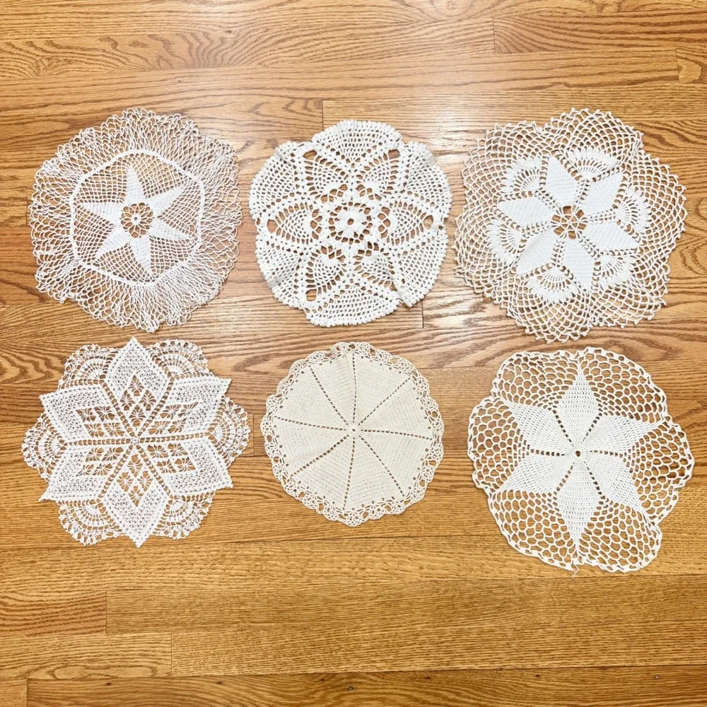Crochet Doily Lot 24pc White Cream Lace Assorted Shapes Butterfly Floral 1970s